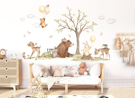 Forest Animals Wall Tattoo for Children's Room Bear Rabbit - Etsy Woodland Nursery Decals, Baby Room Wall Stickers, Woodland Wall Decals, Woodland Stickers, Mural Nursery, Boho Baby Room, Kindergarten Wallpaper, Kids Room Wall Stickers, Woodland Wall