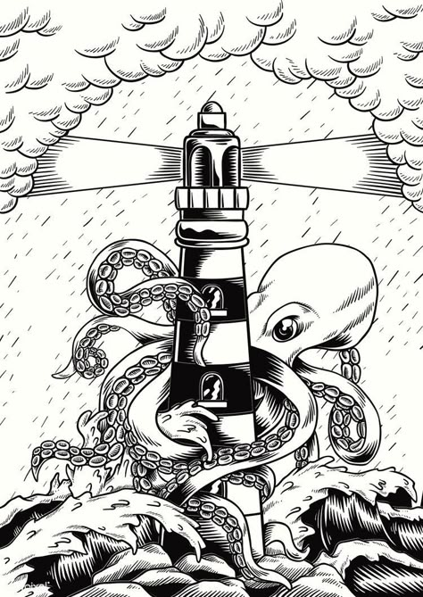 Lighthouse Illustration, Kraken Tattoo, Lighthouse Drawing, Giant Octopus, Octopus Illustration, Octopus Tattoo Design, Storm Art, Lighthouse Tattoo, Doodle Background