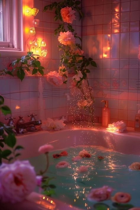 Bath With Roses, Romantic Bath Ideas, Annie Core, Girly Inspiration, Romantic Bathroom, Romantic Bath, Bath Aesthetic, 90s Home, Care For Yourself