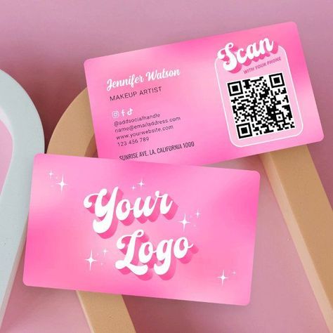 Modern Groovy Pink Logo Makeup Nails Salon QR Code Business Card (Promote your social media or websi howtodesignalogo #logodesigner. Kawaii Business Cards, Nostalgic Fonts, Lash Business Cards, Nail Business Cards, Nail Tech Business Cards, Studio Lash, Girly Business Cards, Hair Logo Design, Business Cards Beauty