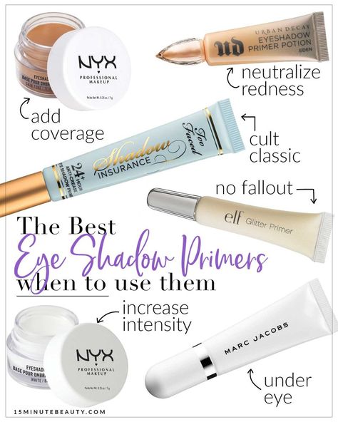 Best eye shadow primers and what each one is good for. My favorite eye shadow primers! I've tried hundreds of these primers, and there are some differences between them. These are the ones that have worked the best for me. Oily Skin Products, Best Eyeshadow Primer, Best Eye Primer, Primer For Oily Skin, Eye Shadow Primer, Best Eyeshadow, Red Makeup, Makeup Guide, Best Beauty Tips