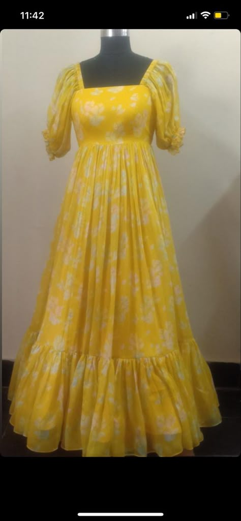 Boat Neck Long Frock Designs, Haldi Frock Design, Balloon Hands Dress, Floral Long Frocks Indian, Yellow Frocks For Women, Full Frocks For Women, Simple Haldi Dress Ideas, Latest Long Frock Designs, Balloon Hands