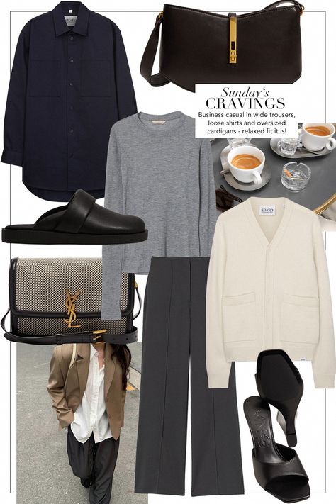 Grey Longsleeves Outfit, Grey Pullover Outfit, Sunday Cravings, Oversize Knit Cardigan, Minimalist Fall Outfit, Power Dressing, Grey Trousers, Oversize Knit, Baguette Bag