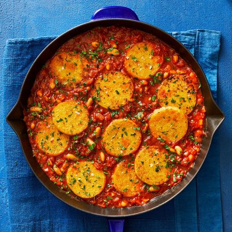 Skillet Polenta in Creamy Tomato Sauce Sunday Vegetarian Dinner Ideas, Vegetarian Sunday Dinner, How To Cook Polenta, Meal Train Recipes, Sunday Scaries, One Skillet Meals, Creamy Tomato Sauce, Tomato Sauce Recipe, Cereal Recipes