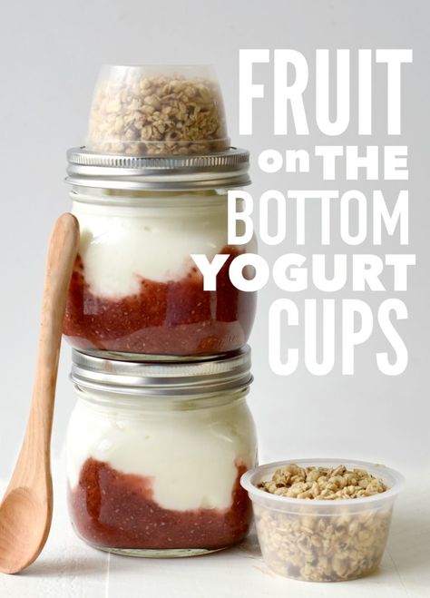 These Fruit on the Bottom Yogurt Cups couldn't be easier to grab on the go for those days you don't have time to make breakfast. Fruit On The Bottom Yogurt, Frozen Fruit Snacks, Mason Jar Lunch, Kids Yogurt, Yogurt Cup, Jar Meals, Parfait Cups, Healthy Protein Snacks, Make Breakfast