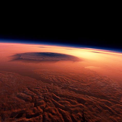 Martian volcano Olympus Mons, three times taller than Mount Everest. Mars Volcano, Olympus Mons, Monte Everest, Mars Exploration, Planets And Moons, Space Pictures, Amazing Spaces, Our Solar System, To Infinity And Beyond