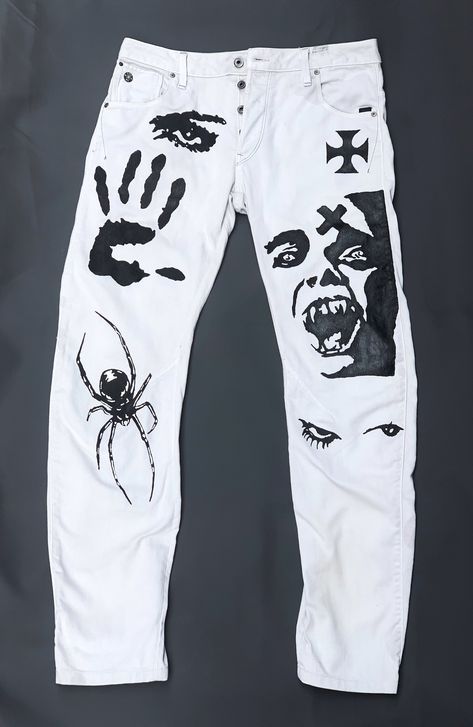 Custom Cargo Pants Paint, White Jeans Painting Ideas, Painted White Jeans, Painted Sweatpants, Hand Painted Pants, Stained Jeans, Mental Prison, Artist Motivation, Custom Jeans Diy