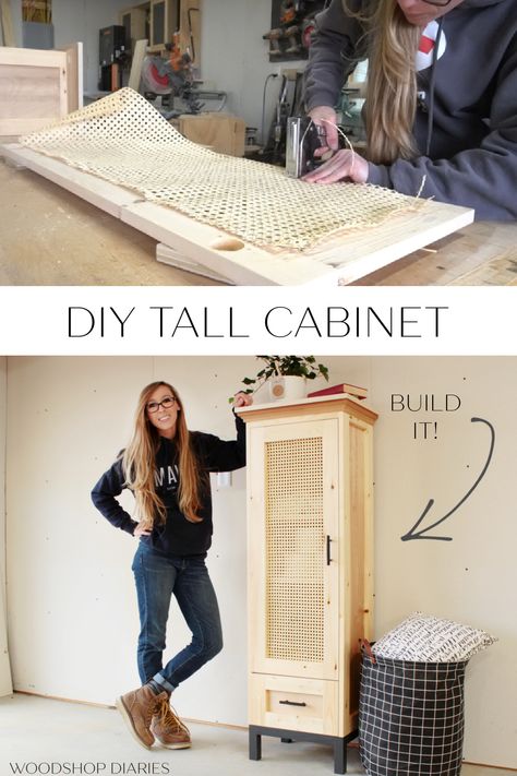 Diy Storage Furniture Small Spaces, Diy Towel Cabinet Bathroom, Diy Wood Storage Cabinet, Diy Small Cabinet Storage, Diy Tall Storage Cabinets With Doors, How To Make A Door For A Cabinet, Tall Cane Cabinet, Diy Wood Cabinet Storage, How To Build A Storage Cabinet