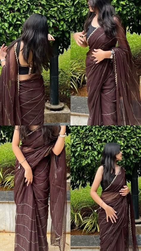 Brown Saree For Farewell, Brown Girl Saree Look, Fairwell Dress Ideas, Farwell Idea Dress Saree, Fairwell Saree Ideas, Saree Story Ideas Instagram With Song, Poses In Saree For Instagram, Brown Saree Look, Saree Instagram Story