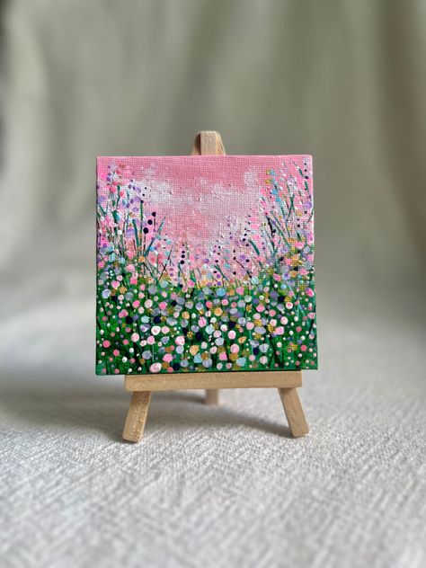 Painting On Small Canvas, Mini Easel, Tiny Art, Small Canvas Paintings, Fine Art Painting Oil, Summer Green, Landscape Art Painting, Flower Landscape, Night Painting