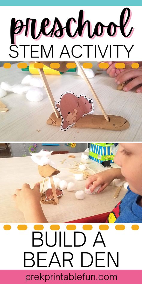 This free STEM bear den building activity is great to compliment your study of winter animals. Animals Getting Ready For Winter Preschool, Homes And Habitats Preschool Crafts, Wildlife Stem Activities, Bear Den Craft Preschool, Bear Wants More Activities Preschool, Hibernation Station Preschool Activities, Bear Science Preschool, Hibernation Stem Activity, Bear Math Activities Preschool