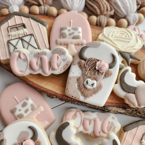 Cow Birthday Cake, Cow Cookies, Cow Birthday Parties, Farm Cookies, Cowgirl Baby Showers, Cow Baby Showers, Western Birthday Party, Rodeo Birthday, Cowgirl Birthday Party