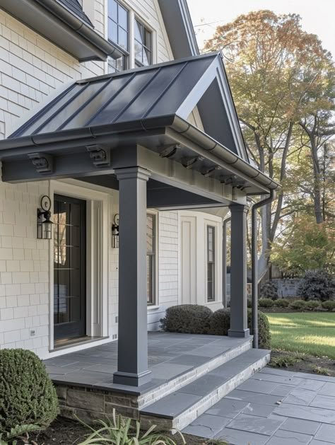 Front Porch Addition Modern, Portico Over Garage Doors, Side Entry Porch Ideas, Front Porch With No Railing, Traditional Roof Design, Front Door Awnings Entrance House, Side Porches On House, Open Porch Ideas Uk, Covered Entryway Exterior