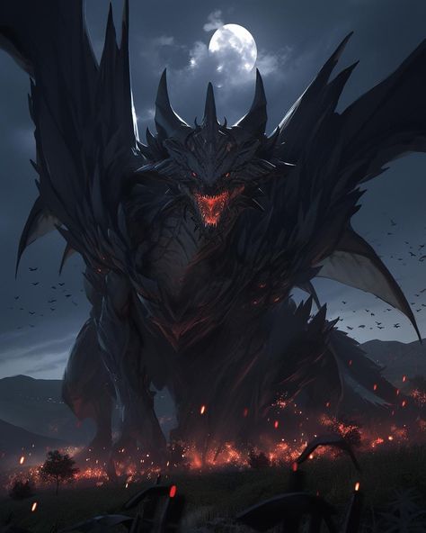 Giant Space Monster, Huge Dragon Art, Giant Fantasy Creature, Giant Dragon Fantasy Art, Black Mythical Creatures, Giant Creature Art, Giant Dragon Art, Kaiju Art Character Design, Arlechino Fan Art