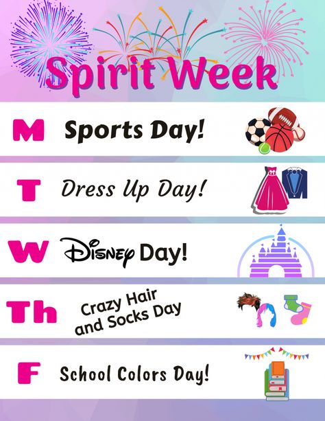 Spirit Week Ideas | My Home Based Life Sports Spirit Week, Preschool Spirit Week, Dress Up Day Ideas Spirit Weeks, Spirit Week Ideas, Spirit Week Themes, Event Clothes, Spirit Day Ideas, School Spirit Week, Here Comes Santa Claus