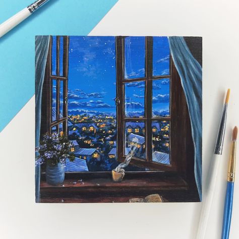 Night Sky Landscape Painting, drawing with Acrylic Paints! View Through Window Painting, Drawing Window View, Window View Drawing, Night View Painting, Polaroid Drawings, Window View Painting, Night Acrylic Painting, Full Drawing, Night Window