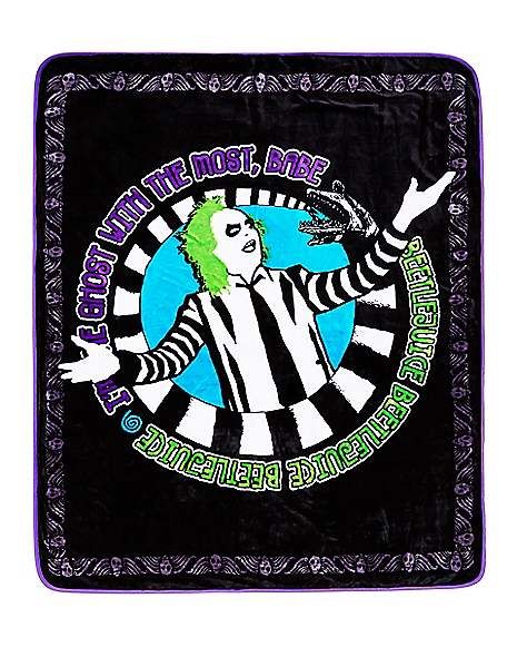 Reversible Beetlejuice Fleece Blanket - Spirithalloween.com Kids Beetlejuice Costume, Beetlejuice Logo, Beetlejuice Dress, Beetlejuice Costume, Movie Decor, Spencers Gifts, Scary Costumes, Halloween Movie, Thriller Movie