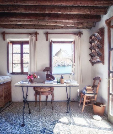 Fashion Designer's Rustic Greek Getaway | COCOCOZY Conran Interiors, Paris Apartment Interiors, Workspace Interior Design, Spanish Casita, Vintage Wicker Chair, Japandi Boho, Summer House Design, Beach House Garden, Office With A View