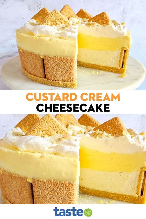 Custard Cream Cheesecake, Unique Cheesecake Recipes, Unique Cheesecake, Lemon Crisp, New Desserts, Custard Creams, Chocolate Bowls, Strawberry Cheesecake Recipe, Custard Cream