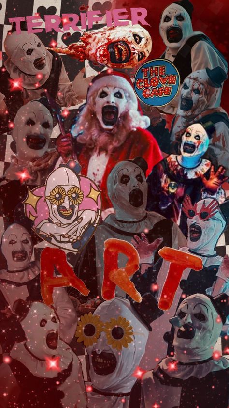 #arttheclown #terrifier #horror Art The Clown Background, Art The Clown Christmas Wallpaper, Art The Clown Santa Wallpaper, Horror Movies Background, Terrifier Background, Terrifier 3 Wallpaper, Art The Clown Wallpaper Terrifier, Terrifier Lockscreen, Horror Collage Art