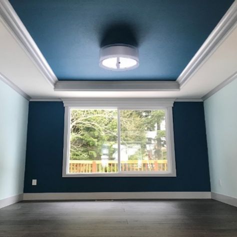 Ceiling Color Paint Blue Ceilings Living Room, Navy Blue Tray Ceiling, Cove Ceiling Paint Ideas, Basement Wall Color Ideas With Black Ceiling, Ceiling Design Color Combination, Recessed Ceiling Paint Ideas, Ceiling Colours Ideas, Ceiling Colours Paint, Ceiling Paint Colors Ideas