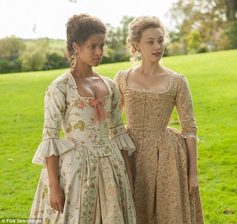 "Belle" is a lovely film set in the late 18th century, based on true events. Gugu Mbatha-Raw, left, and Sarah Gadon on set 1700 Dresses, Belle Movie, French Dresses, Mbatha Raw, Gugu Mbatha Raw, Sarah Gadon, 18th Century Dress, 18th Century Clothing, Period Dress