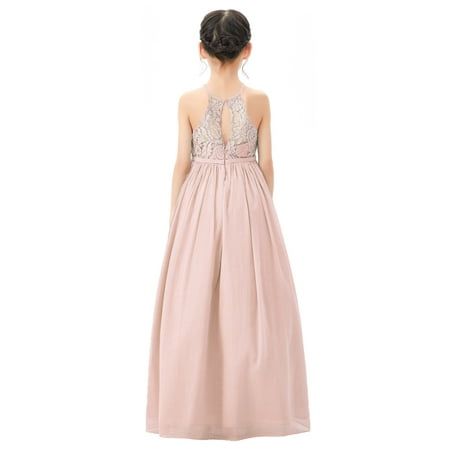 This beautiful dress is made out of elegant lace on the top with halter neckline and keyhole detail in the back. The skirt has 3 layers, top 1st layer is made of chiffon, 2nd and 3rd layers are soft satin lining to bring comfort to your little girl while wearing the dress. Size: 6.  Color: Pink.  Gender: female.  Age Group: kids. Jr Bridesmaid Dresses For Kids, Halter Flower Girl Dress, Baby Girl Tulle Dress, Girls Sequin Dress, Dusty Pink Dresses, Girls Tulle Dress, Princess Flower Girl Dresses, Ivory Flower Girl Dresses, Toddler Flower Girl Dresses