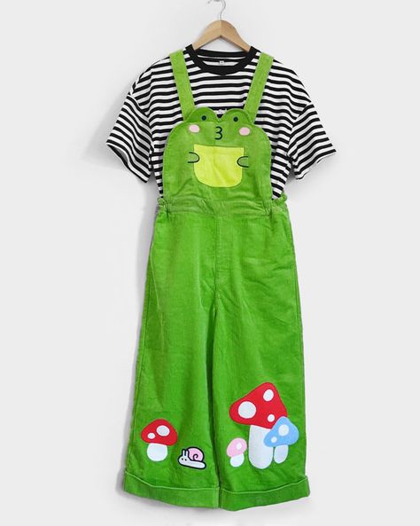 🍄 Frog dungaree - shroom Frog Overalls, Kidcore Fashion, Corduroy Overalls, Feminine Blouses, Overall Dress, Cropped Trousers, Coraline, Wren, Colourful Outfits