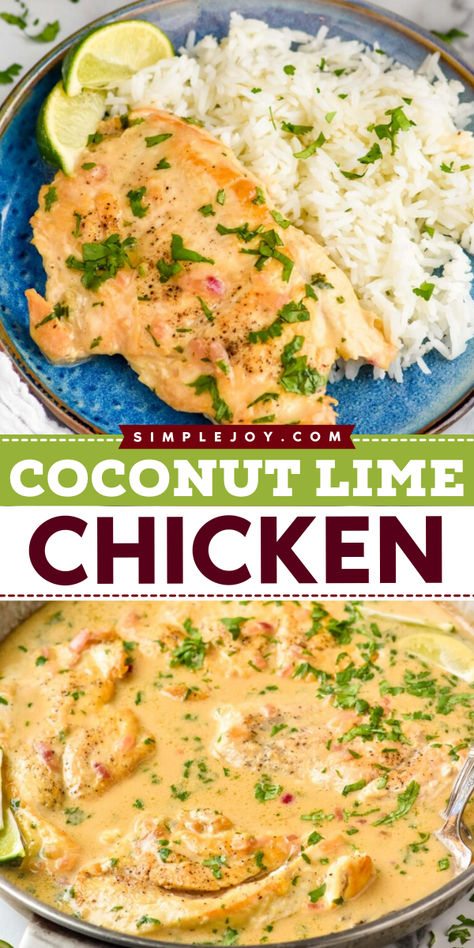 Coconut Lime Chicken is an easy one pot recipe that is full of delicious flavor. Your family will love this fantastic dinner recipe. Key Lime Chicken, Lemon Sauce For Chicken, Coconut Chicken Recipe, Chicken Rice Noodles, Coconut Milk Chicken, Coconut Lime Chicken, Chili Lime Chicken, Cilantro Chicken, Challenge Ideas