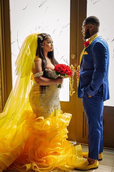 Beauty & The Beast Themed Wedding Inspo🔥🤯💛💙 Black Couple Prom, Prom Couples Outfits, Glam Prom Dresses, Beauty And The Beast Wedding Dresses, Disney Prom Dresses, Diamond Prom Dresses, Black People Weddings, Beauty And The Beast Wedding Theme, Couple Prom