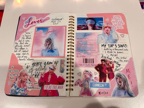 Taylor Swift Lover Scrapbook, Lover Scrapbook Taylor Swift, Journal Book Page Ideas, Taylor Swift Journal Ideas Lover, Taylor Swift Lover Journal, Songbook Aesthetic, Eras Tour Journal, Taylor Swift Journaling, Eras Tour Scrapbook