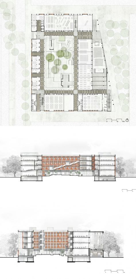 Architecture plan section elevation for institutional building Institutional Building, Campus Architecture, Room Sketch, Architecture Section, University Plan, Old Architecture, College Architecture, Architecture Aesthetic, Design Art Nouveau