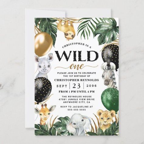 Animal Party Invitations, Wild One Birthday Invitations, Themed 1st Birthday, Glitter Balloons, Wild One Birthday, Wild One Birthday Party, 1st Birthday Party Invitations, Black Balloons, Safari Birthday