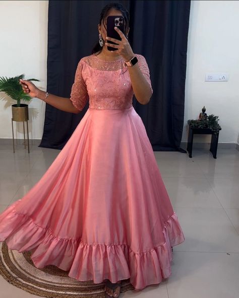 Exclusive arrival 💗 DM US FOR ORDER 7997018094 RATE 999/- Dream in Pastel Pink! 💕✨ Elevate your style with this stunning pastel pink party wear gown Dress is made of classy shinning rangoli fabric and yoke part front and back side butterfly net with beautiful embroidery and sequence work . It features an elegant style, a boat neckline and this designer outfit look perfect party wear for this season! Material: classy rangoli double shade fabric Complete crepe linning material Flair: ... Pastel Pink Party, Crepe Gown Styles, Side Butterfly, Butterfly Net, Black Ball Gown, Designer Outfit, Party Wear Gown, Sequence Work, Pink Party