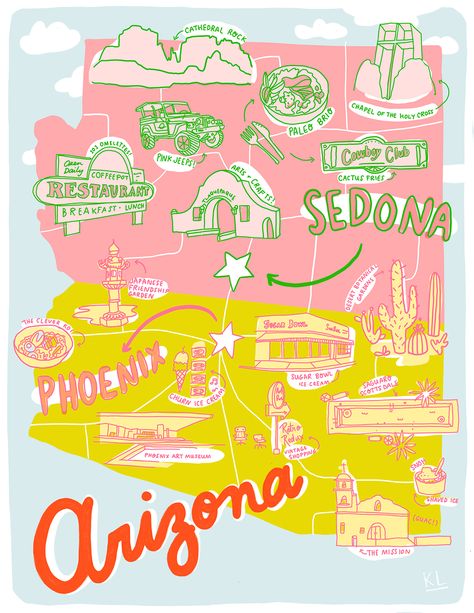 Printable Arizona Map by Kristen Long x Aww Sam Arizona Map Illustration, Map Of Usa Travel, Sedona Illustration, Us Map Illustration, Map Illustration Art, Trip Design, Travel Map Illustration, Cute Maps, Travel Map