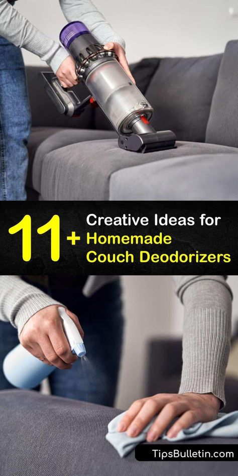 Discover how to remove bad odors from a fabric or leather sofa. It’s relatively easy to eliminate a musty odor or dog smell from upholstery with a vacuum and carpet deodorizer, white vinegar, baking soda, or a DIY upholstery spray. #homemade #deodorizer #couch Couch Deodorizer, Odor Eliminator Diy, Homemade Couch, Dog Deodorizer, Diy Cleaner, Pet Odor Remover, Diy Household Cleaners, Carpet Deodorizer, Odor Absorber