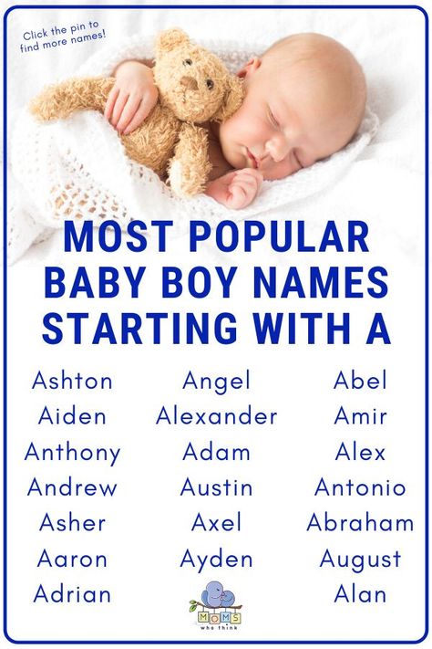 The most detailed list of popular & unique baby boy names starting with A. Discover hundreds of names for boys and boy middle names starting with the letter A along with the meanings and origin of each name! | Moms Who Think Male Names Starting With A, Boy Names With A, Celebrity Baby Boy Names, Guy Names Unique, Popular Baby Boy Names, Names Starting With C, Sims Names, Boy Middle Names