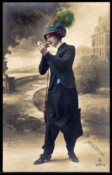 Pants-Skirt, 1900's. She is a clearly a brazen hussy, improper in men's attire and painting her face like a common trollop. Probably one of those shameless suffragettes to boot! You Go Girl!!! <3 Protection Magic, Painted Portraits, 1900s Fashion, 1910s Fashion, Vintage Pics, Vintage Details, 20th Century Fashion, Under My Umbrella, Mens Attire