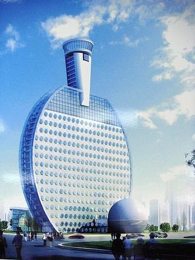 Hotel in China shaped like a Ping Pong paddle... with the Ping Pong ball laying in front of it...  This is cool... Futuristic Building, Unusual Buildings, Ludwig Mies Van Der Rohe, Unusual Homes, Ping Pong Paddles, Interesting Buildings, Amazing Buildings, Unique Buildings, Unique Architecture