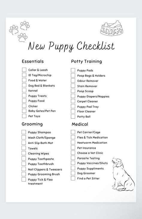 Organize your pet's needs and requirements with this printable New Puppy Planner! Keep together all the important information and vet visits of your dog. This List will make adopting your new puppy that much easier with an exact easy to follow list of essentials to get you started as a dog mom, dad,lover or parent. This makes easier to be well-prepared when you first bring your puppy home. Be sure to buy everything you need for your new puppy's arrival with this puppy checklist.Track ever... Dog Checklist, Pet Care Planner, Health Checklist, Pet Health Record, Pet Planner, Puppy Essentials, Puppy List, New Puppy Checklist, Puppy Checklist