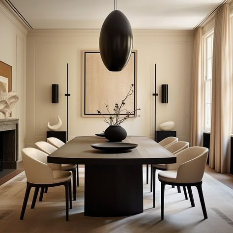 Wind The Key | A home tour of a contemporary luxury London townhouse in cream and black tones. A beautiful mix of understated and bold features. We'll… | Instagram Black Kitchen And Dining Room Ideas, Black Dining Table Light Chairs, Modern Curtains Dining Room, Modern Circle Dining Table, Black Beige Dining Room, Contemporary Luxury Interior Design, Cafe Inspired Dining Room, Classic Contemporary Dining Room, Soft Dining Chairs