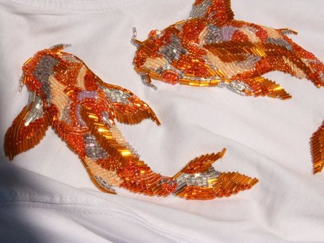 Fish Beaded Embroidery, Beaded Koi Fish, Beaded Embroidery Shirt, Koi Fish Embroidery, Koi Fish Dress, Beaded Fish, Fish Embroidery, Beaded Shirt, Fish Beads