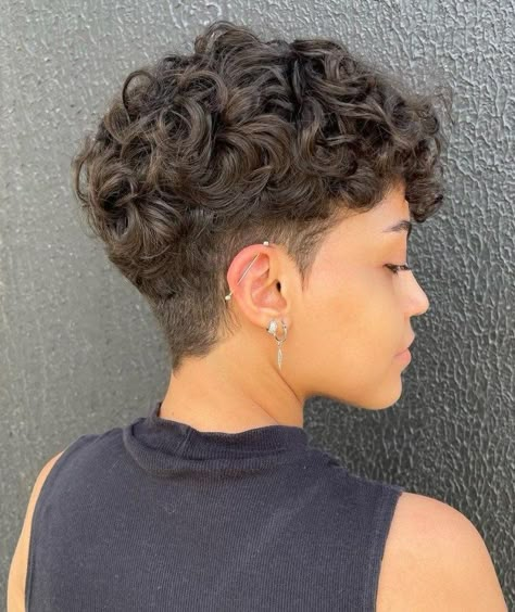 Put-Together Short Curly Undercut Hairstyle Short Curly Hairstyles Shaved Sides, Short Curly Fade Women, Curly Pixie With Undercut, Low Fade Curly Hair Women, Wavy Hair Undercut, Long Curly Hair With Undercut Women, Curly Hair With Shaved Side, Short Curly Undercut, Short Curly Hair With Undercut