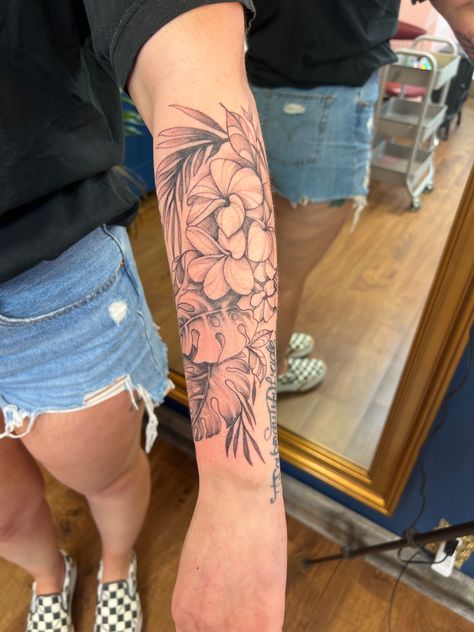 Tropical Floral Tattoo Sleeve, Plumeria Vine Tattoo, Plumeria Design, Plumeria Tattoo, Cuff Tattoo, Hibiscus Tattoo, Tropical Florals, Floral Tattoos, Hawaiian Plumeria