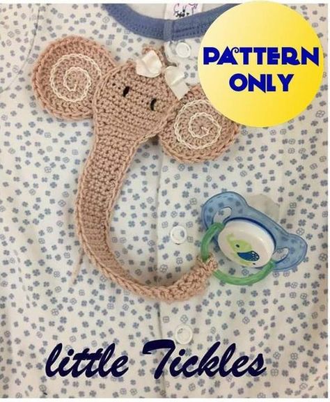 Pacifier Holder Pattern, Crochet Pacifier Holder, Crochet Pattern Elephant, Crochet Pacifier, Crochet Pacifier Clip, Crochet Elephant Pattern, Elephant Applique, Single Crochet Decrease, Binky Clips