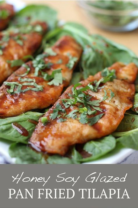 Honey Soy Tilapia - Crispy pan-fried Asian fish recipe drizzled with this honey soy glaze that is sweet and savory. Easy, healthy and yummy weeknight dinner recipe! Crispy Tilapia, Fish Tilapia, Pan Fried Tilapia, Fried Tilapia, Seared Fish, Tilapia Recipes, Honey Soy, Fish Recipe, Healthy Fish