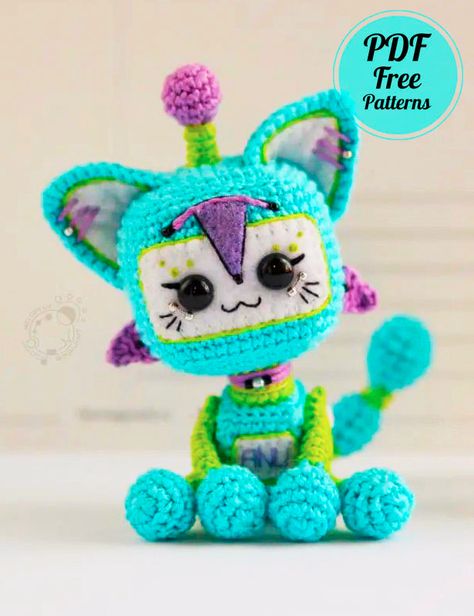 Crochet Robot Cat Amigurumi Free PDF Pattern - Amigurumiday Crochet Robot, Easy Amigurumi Crochet, Marque-pages Au Crochet, Robot Ideas, Robot Cat, Crochet Toys Free, Easy Amigurumi, Easy Crochet Animals, Crochet Cat Pattern