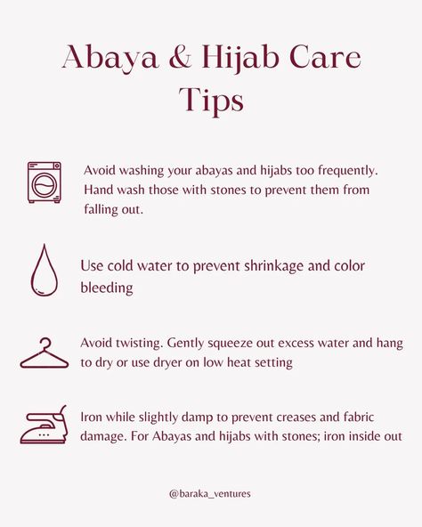 Just a few tips on how to take proper care of your Abayas and hijabs💕 . . . . . . #hijabfashion#hijabtips#abayatips#abayacare#helpfultips#laundrytips Proper Hijab, Islam Tips, Abaya Store, Hijab Brand, Abaya Hijab, Hijab Designs, Islam Beliefs, Modest Summer Outfits