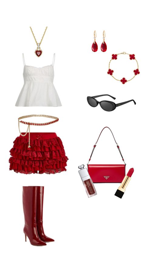 Collage of a stylish outfit featuring a red heart necklace on a gold chain, a flowy white tank top, red ruffle shorts, a gold waist chain with red accents, long maroon boots, red dangly gold earrings, a red Van Cleef bracelet, round black sunglasses, a red Coach shoulder bag, Dior red lip oil, and YSL red lipstick. Red Gold Outfit, Red Van Cleef, Red Lip Oil, Ruffle Shorts Outfit, Gold Waist Chain, Van Cleef Bracelet, Cleef Bracelet, Maroon Boots, Red Heart Necklace