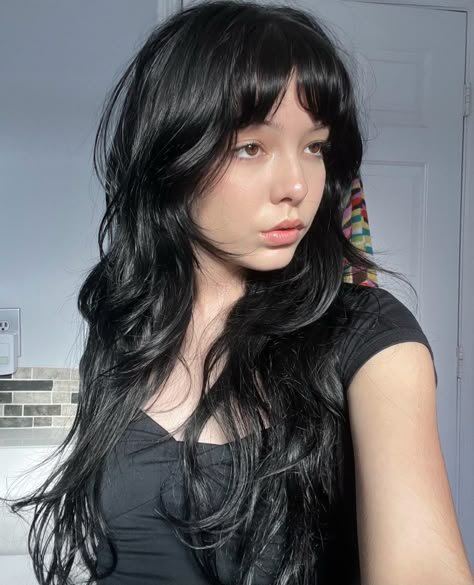 hair inspo bangs alternative layers wolfcut black dye Pelo Color Vino, Black Hair Types, Haircut Inspo, Hair Stylies, Long Hair With Bangs, Long Black Hair, Cut My Hair, Hair Inspo Color, Dream Hair